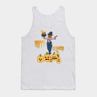 Enchanted Halloween Night: The Wise Wizard Owl, Spooky Elegant Scarecrow with Glasses and Scary Pumpkins - A Halloween Delight Tank Top